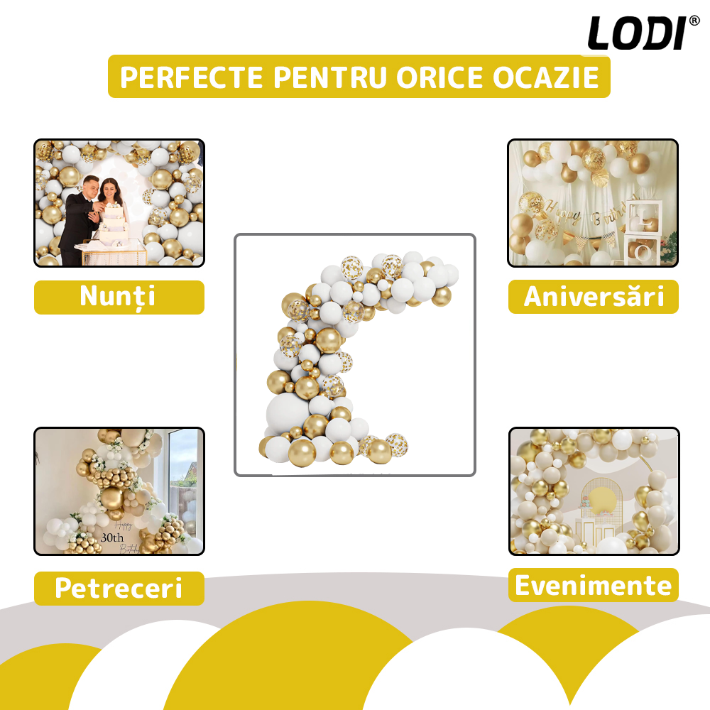 Set 105 Baloane Lodi1489, Tip Arcada, pentru Petreceri/Aniversari/Evenimente, diverse modele, umplute cu confetti, latex, alb/auriu