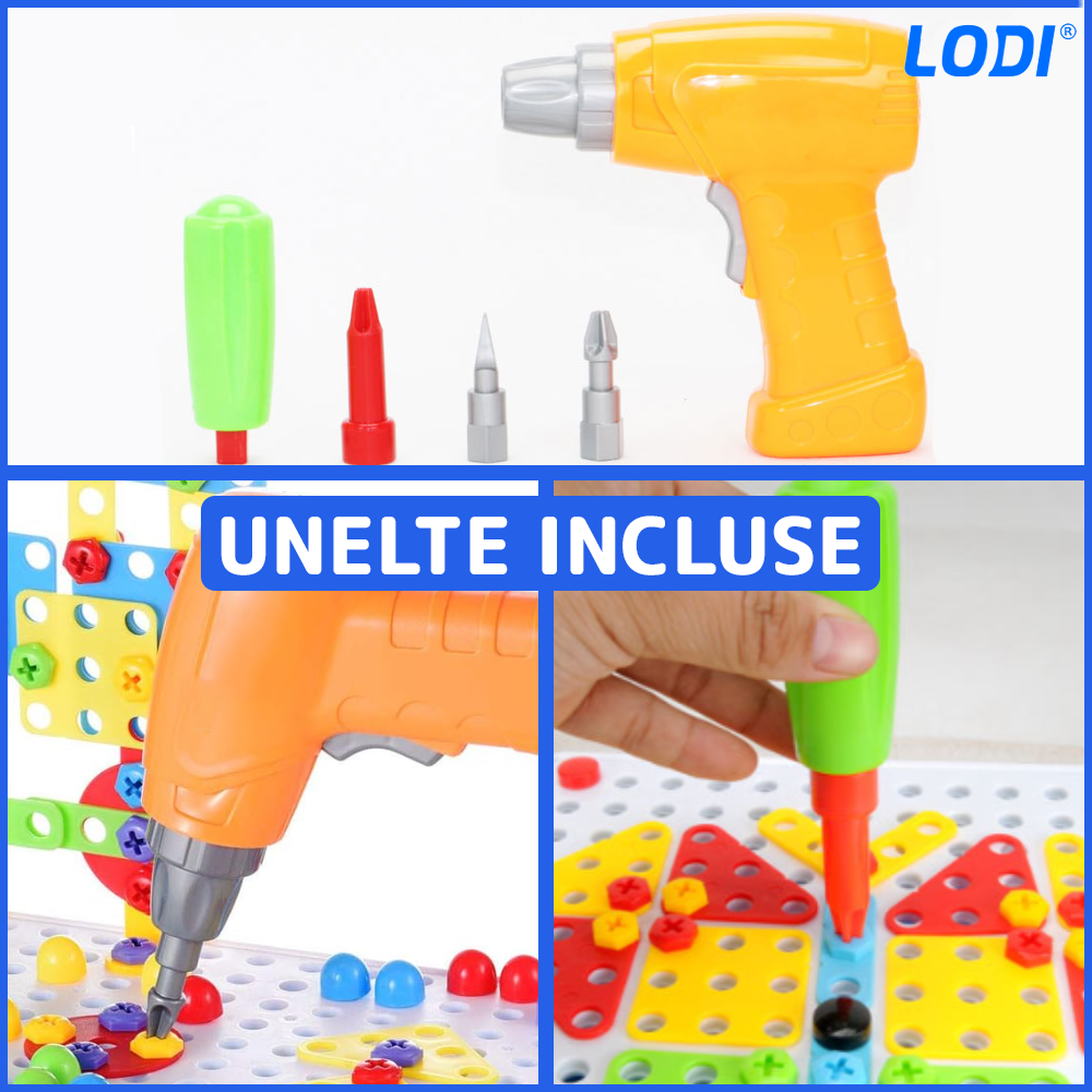 Jucarie Educativa si Interactiva 4in1 Lodi511, 151 piese, bormasina pentru inginerie, pentru fete si baieti, manual inclus, puzzle 3D/2D, dezvoltare STEM, montessori, multicolor