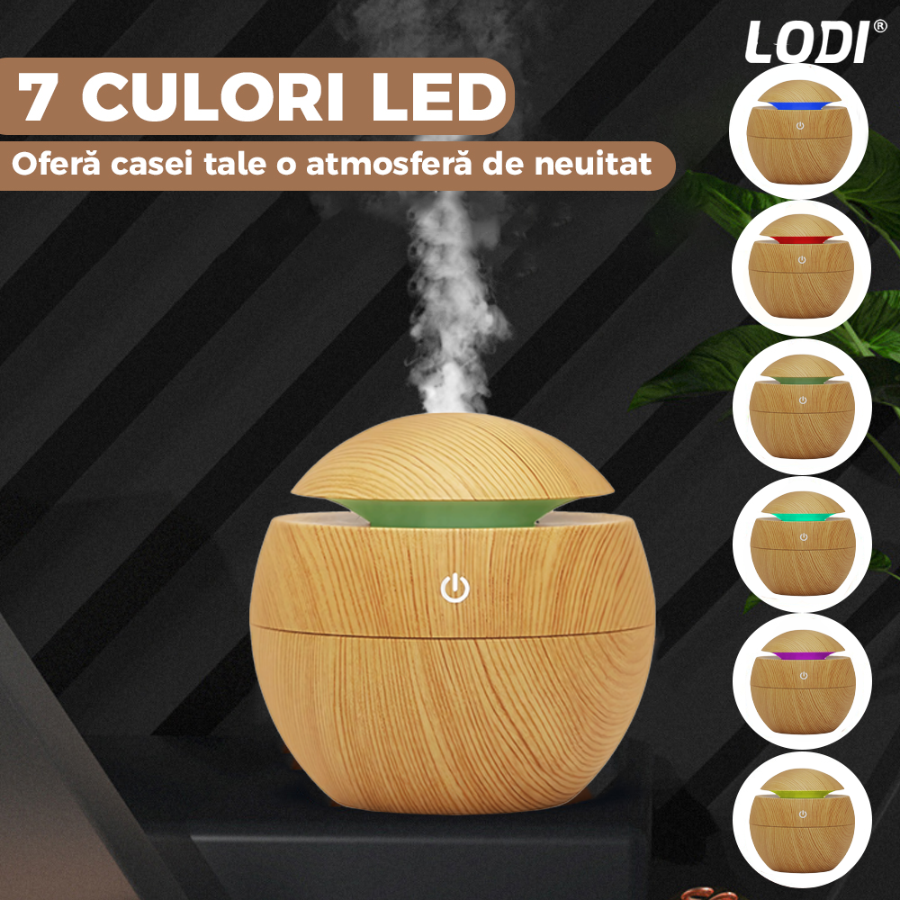 Difuzor Aromaterapie Lodi1464, forma de sfera, 7 culori LED, lumini dinamice, control tactil, capacitate 130ml, silentios, rezerva inclusa, umidifica aerul, stejar deschis
