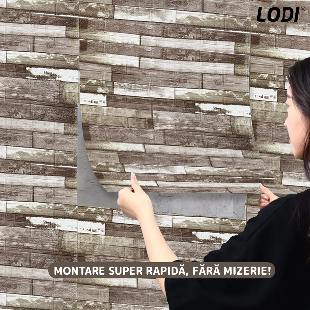 Set 10x Tapet Caramida 3D Lodi1087, Model Lemn, suprafata acoperire 5.3. mp, autoadeziv, waterproof, usor de montat, design modern, 70x77 cm, maro inchis