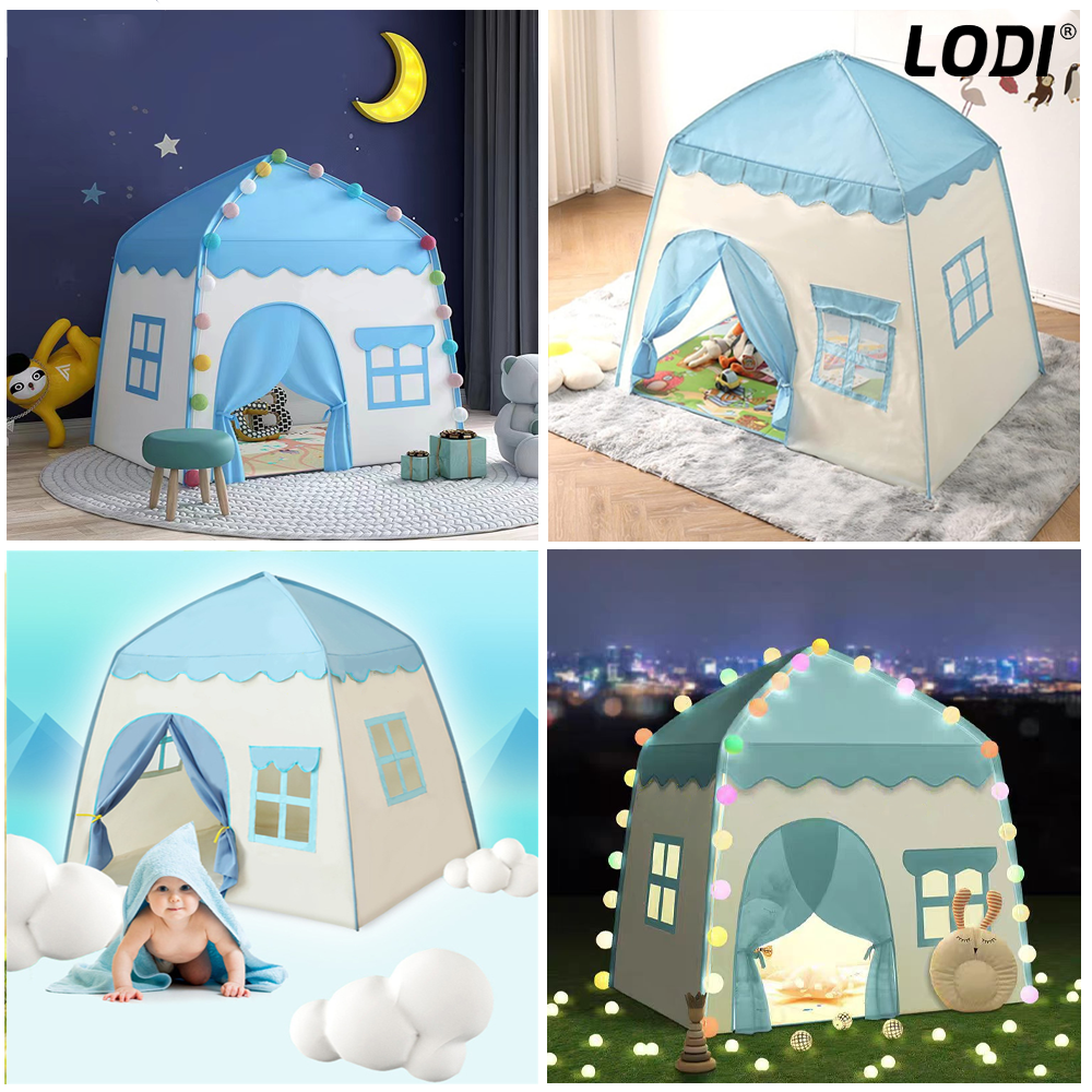 Cort de Joaca pentru Copii tip Casuta Lodi652, covoras inclus cu 2 fete, usa tip perdea, geamuri cu plasa, usor de montat, interior/exterior, albastru