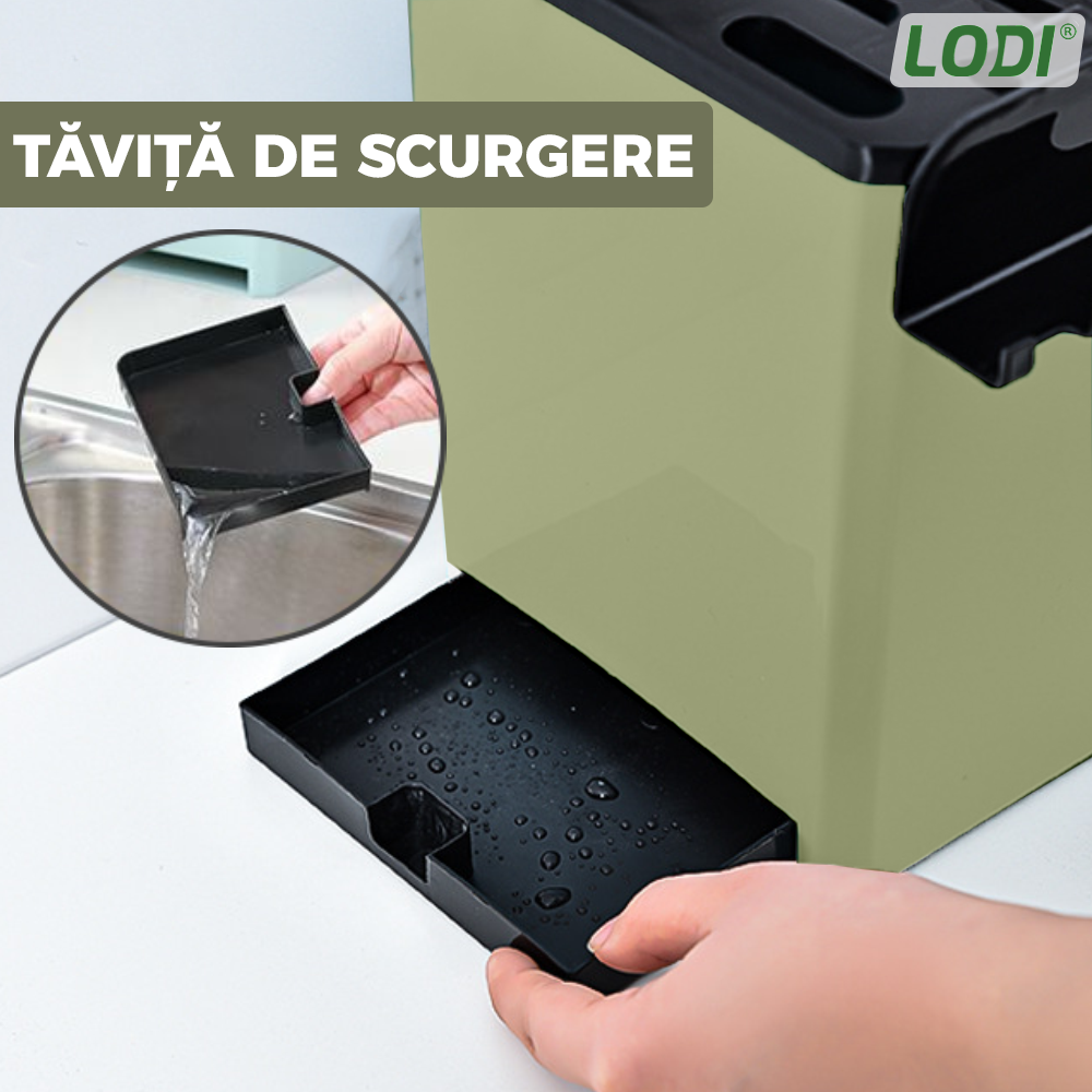 Organizator Multifunctional pentru Bucatarie Lodi536, 4 Compartimente, raft condimente, suport detasabil telefon, tavita de scurgere, suport tacamuri/ustensile, verde deschis