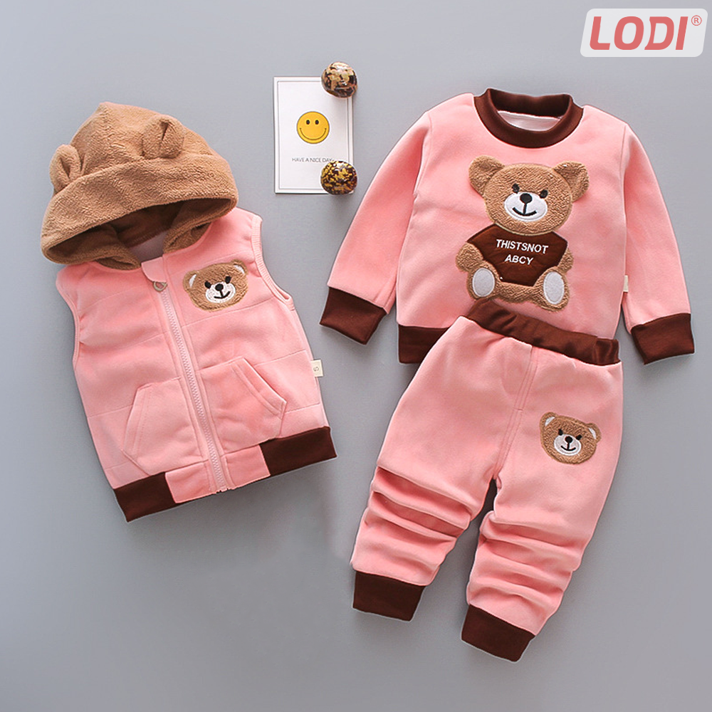 Compleu Copii din 3 Piese Lodi508, unisex, toamna-iarna, plus moale cu ursulet, bluza, pantaloni si vesta cu gluga pufoasa, 110 cm, roz