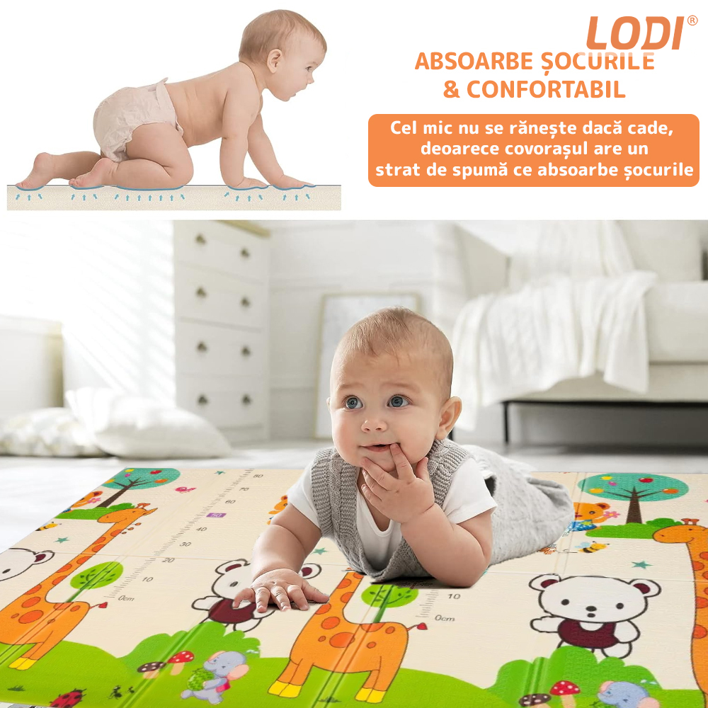 Covoras de Joaca pentru Copii Lodi289, 2 fete, termic, anti-derapant, pliabil, protectie impotriva loviturilor, animale si numere, 200x180cm, grosime 1 cm, multicolor