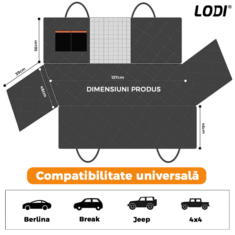 Husa Auto Protectie si Transport Animale Lodi13, anti-zgarieturi, waterproof, impermeabila, accesoriu inclus, material OXFORD D600, negru