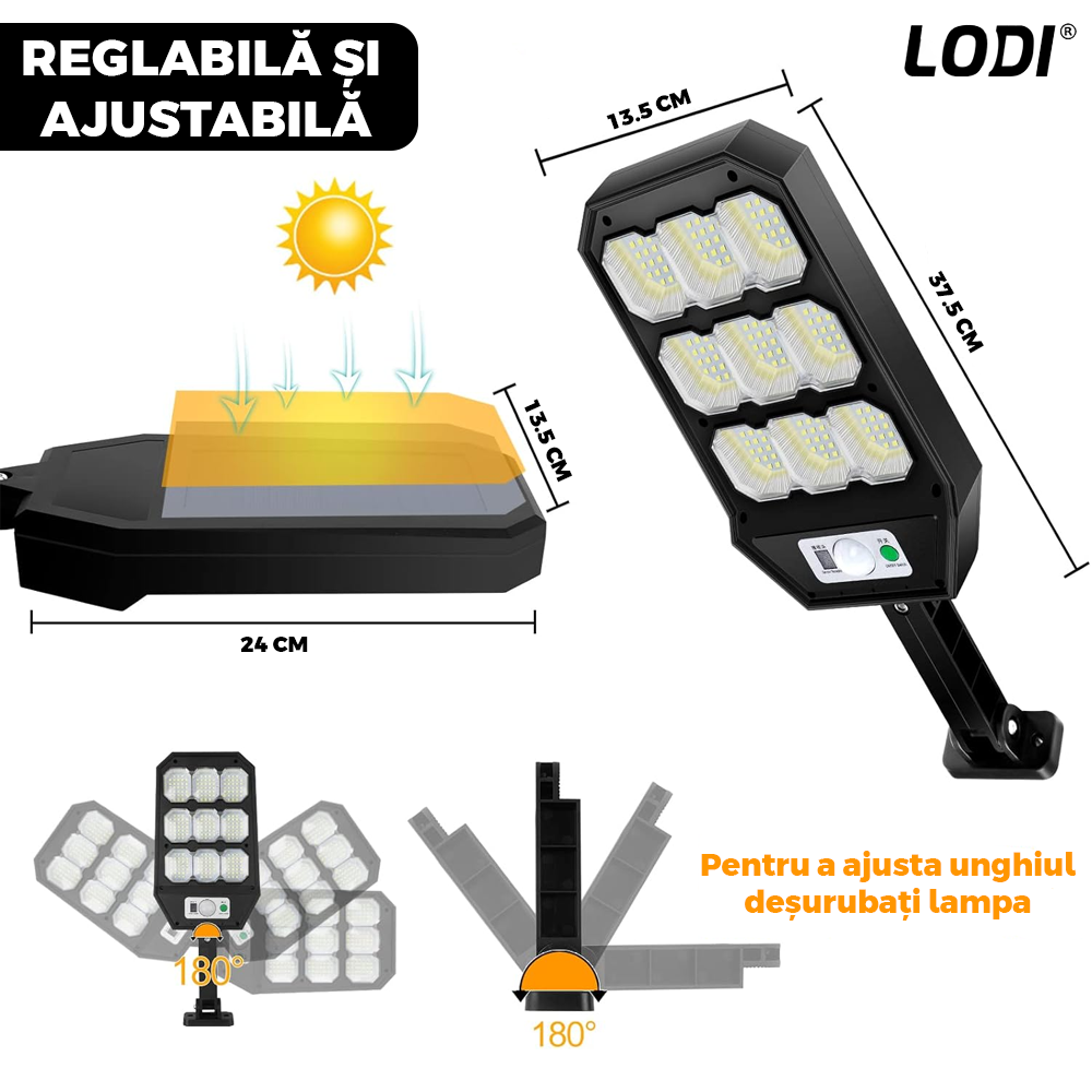 Lampa Solara Stradala 189 LED-uri Lodi860, senzor de miscare, 3 moduri de iluminare, protectie IP65, Waterproof, exterior, negru