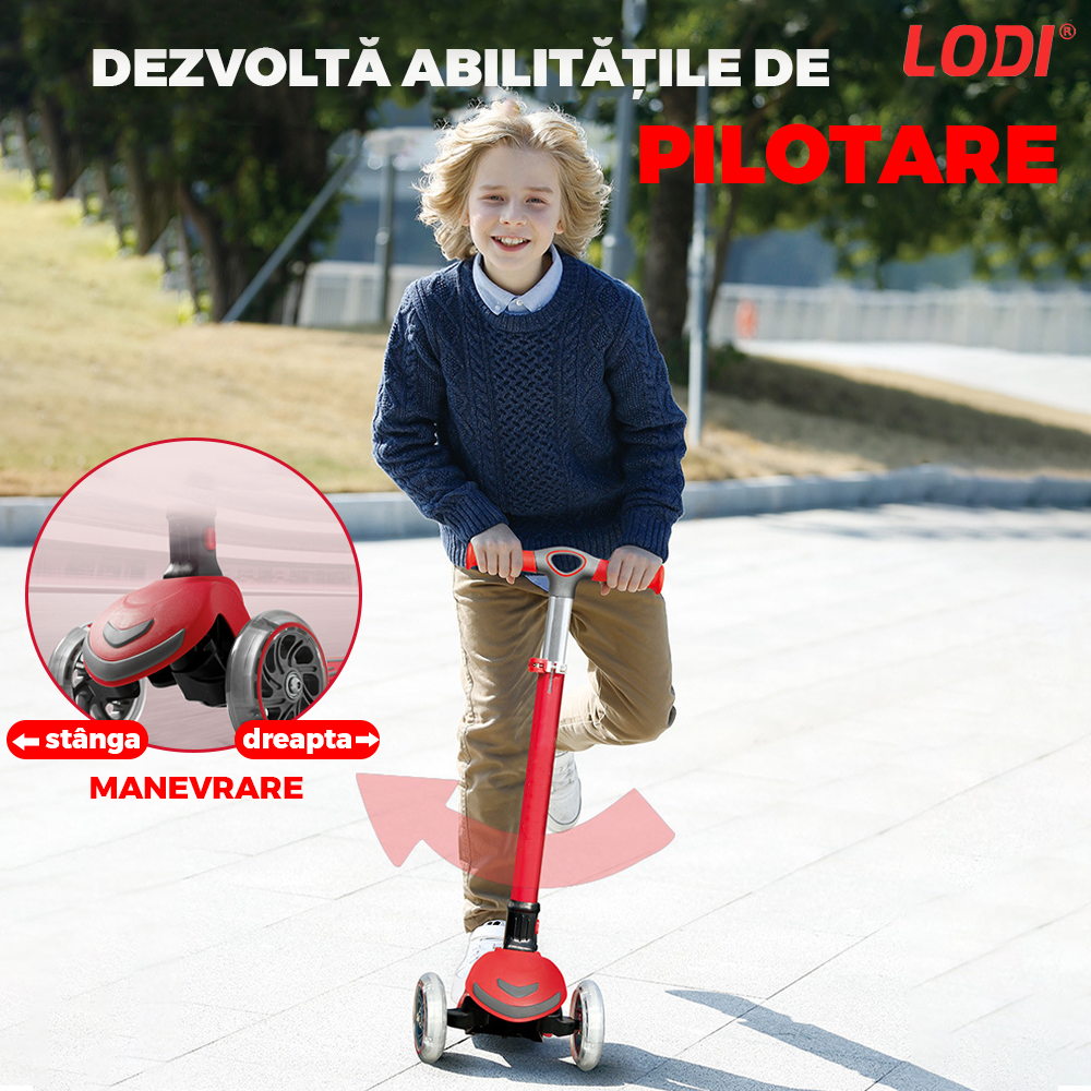 Trotineta pentru Copii cu Lumini Lodi1049, 3 roti, pliabila, anti-aluncare, inaltime ajustabila, stabila, frana, incorporata, 3-11 ani, rosu
