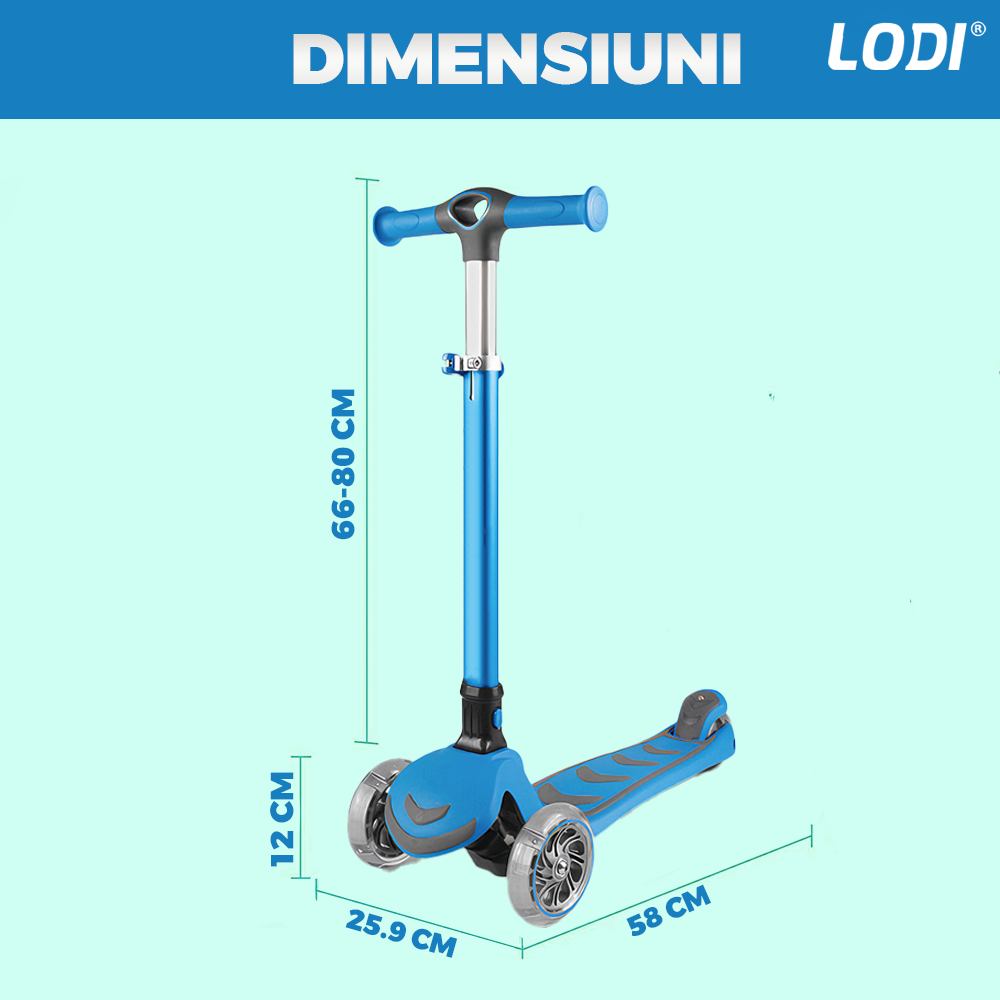 Trotineta pentru Copii cu Lumini Lodi1052, 3 roti, pliabila, anti-aluncare, inaltime ajustabila, stabila, frana, incorporata, 3-11 ani, albastru