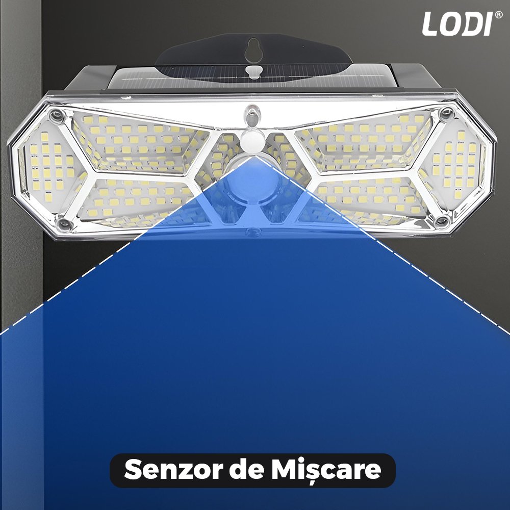 Lampa Solara 120 LED-uri Lodi887, senzor de miscare, 3 moduri de iluminare, protectie IP65, Waterproof, exterior, negru