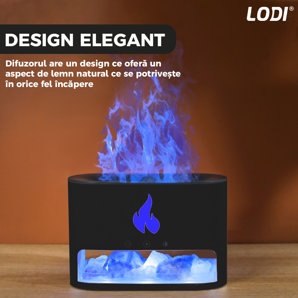 Difuzor Aromaterapie Lodi594, efect flacara, 4 culori LED, capacitate 250ml, cristale de sare de himalaya, silentios, umidifica aerul, negru
