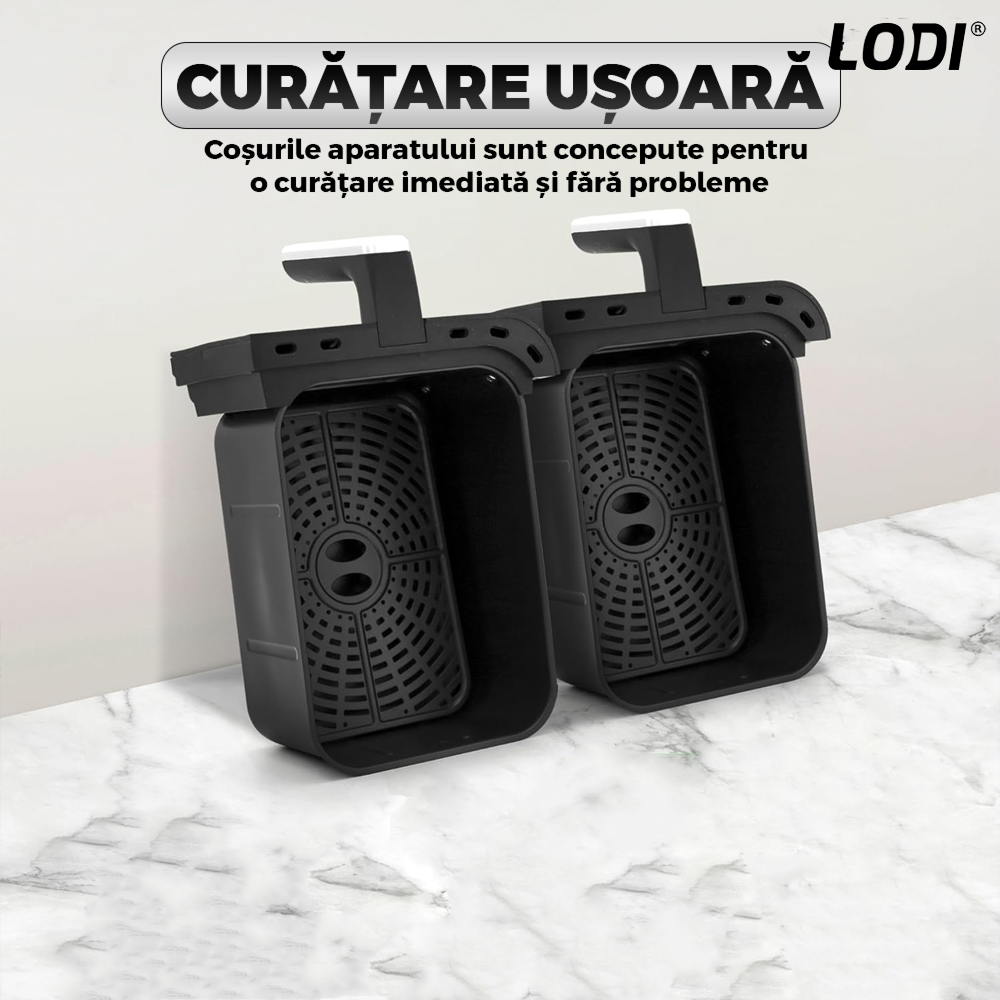 Friteuza Dubla Fara Ulei Air Fryer Lodi855, 100 tavi de copt cadou,tehnologie smart sensing, programe smart chef automate, afisaj digital, capacitate 8 L, tehnologie de eliminare a grasimii, functie de pastrare la cald,tensiune alimentare 220-240 V, negru