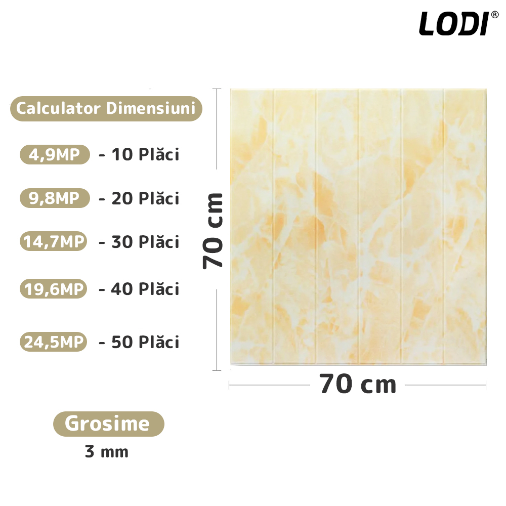 Set Tapet Panou 3D Lodi170, Model Marmura, suprafata acoperire 4.9 mp, autoadeziv, waterproof, usor de montat, design modern, 70x70 cm, galben