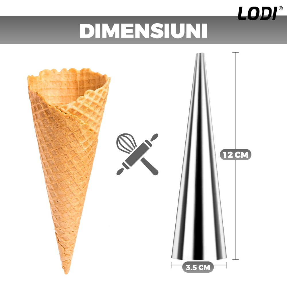 Set 10 Forme de Copt pentru Rulouri Lodi1282, conice, waterproof, otel inoxidabil, varf decupat, cornet inghetata/ cannoli/ cornulete, 12 cm, gri