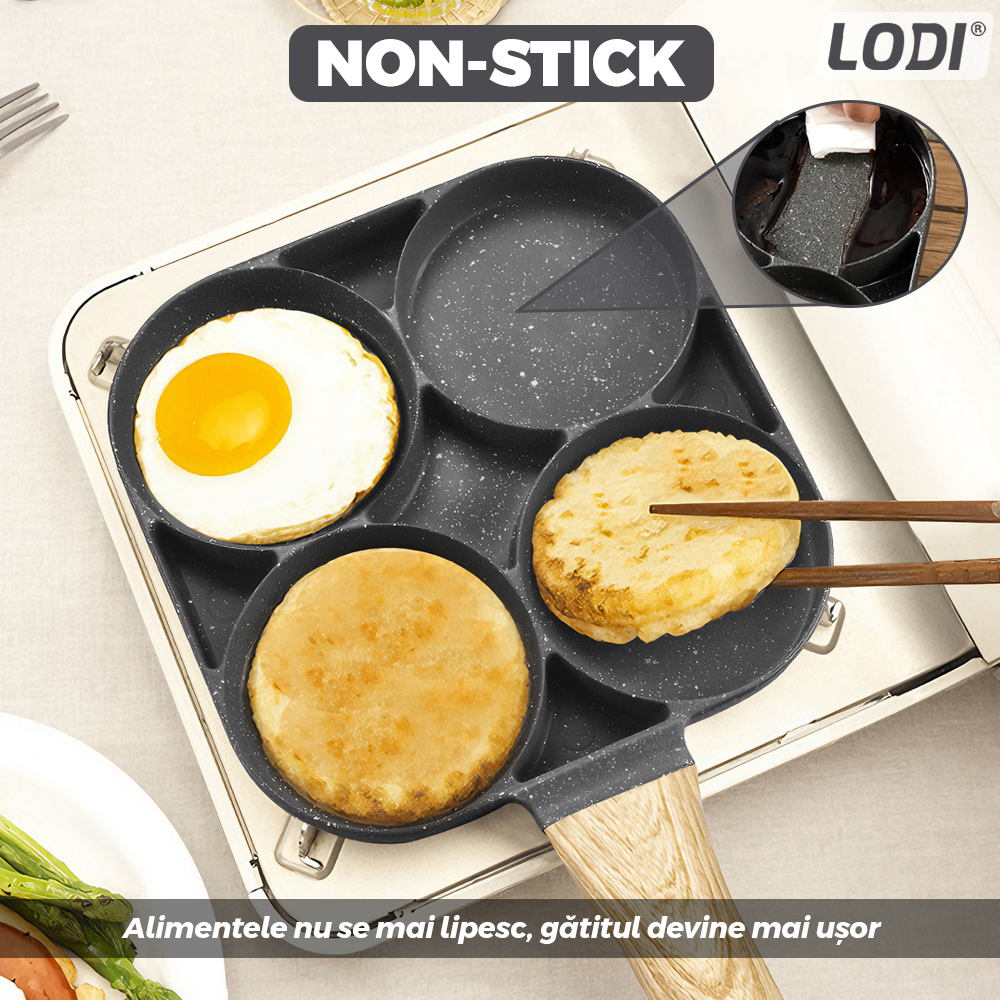 Tigaie Antiaderenta cu 4 Compartimente Lodi1072, aliaj din aluminiu, pluristratificta, maner din lemn, non-stick, usor de curatat, 32 cm, gri