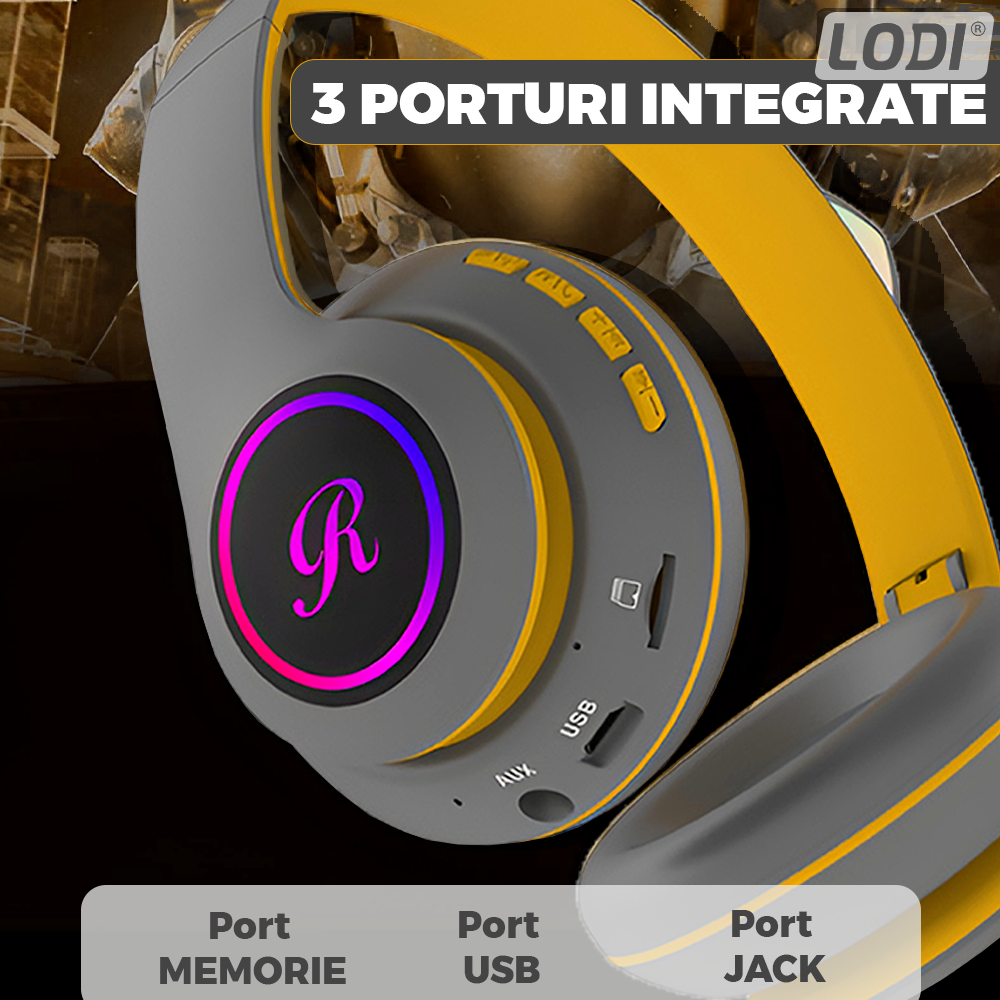 Casti Wireless Model Pisica Lodi950, overear, urechi de pisica cu iluminare RGB, bluetooth 5.0, handsfree, HiFi, bass stereo, gri/galben