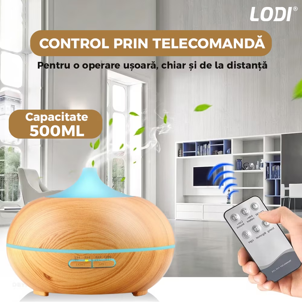 Difuzor Aromaterapie Lodi213, 7 culori LED, 2 jocuri de lumini, control prin telecomanda, capacitate 500ml, silentios, umidifica aerul, stejar deschis