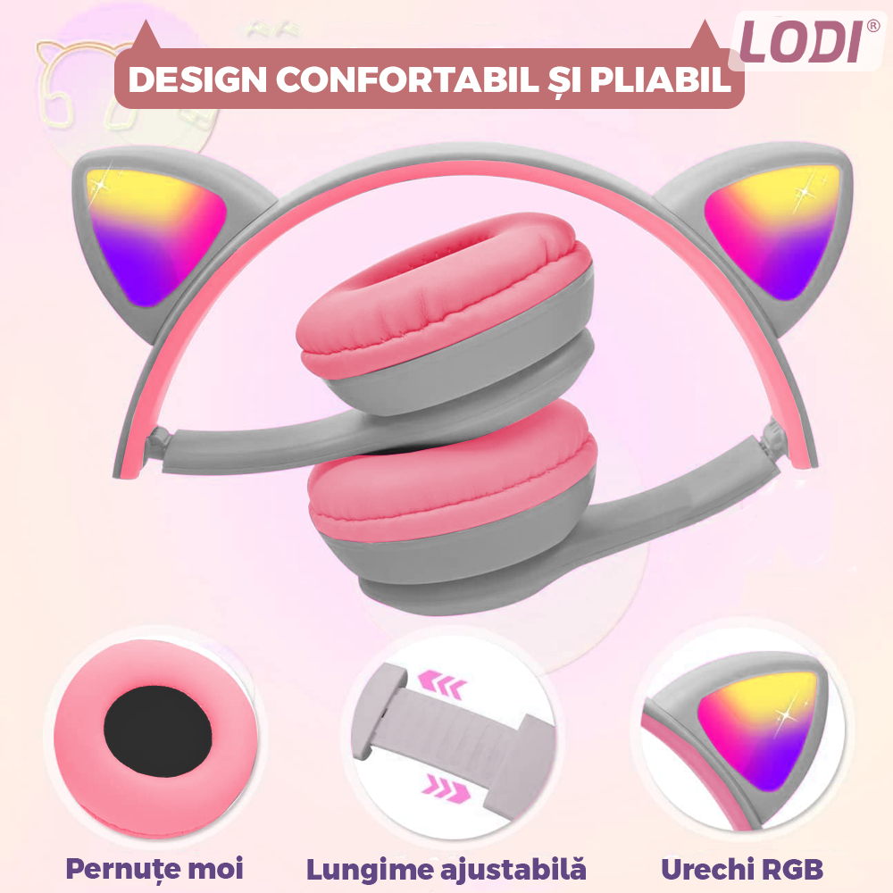 Casti Wireless Model Pisica Lodi953, P47M, overear, urechi de pisica cu iluminare RGB, bluetooth 5.0, handsfree, HiFi, bass stereo, gri/roz