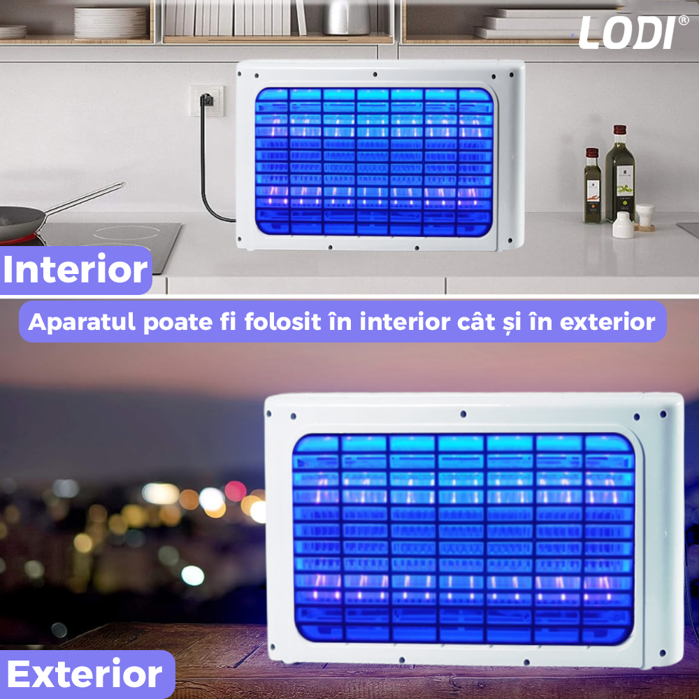 Aparat Electric Anti-Insecte Lodi223, 6W, Insectocutor cu 2x tuburi ultraviolete, raza de actiune 200 m², unghi de propagare 360º, design modern, alb