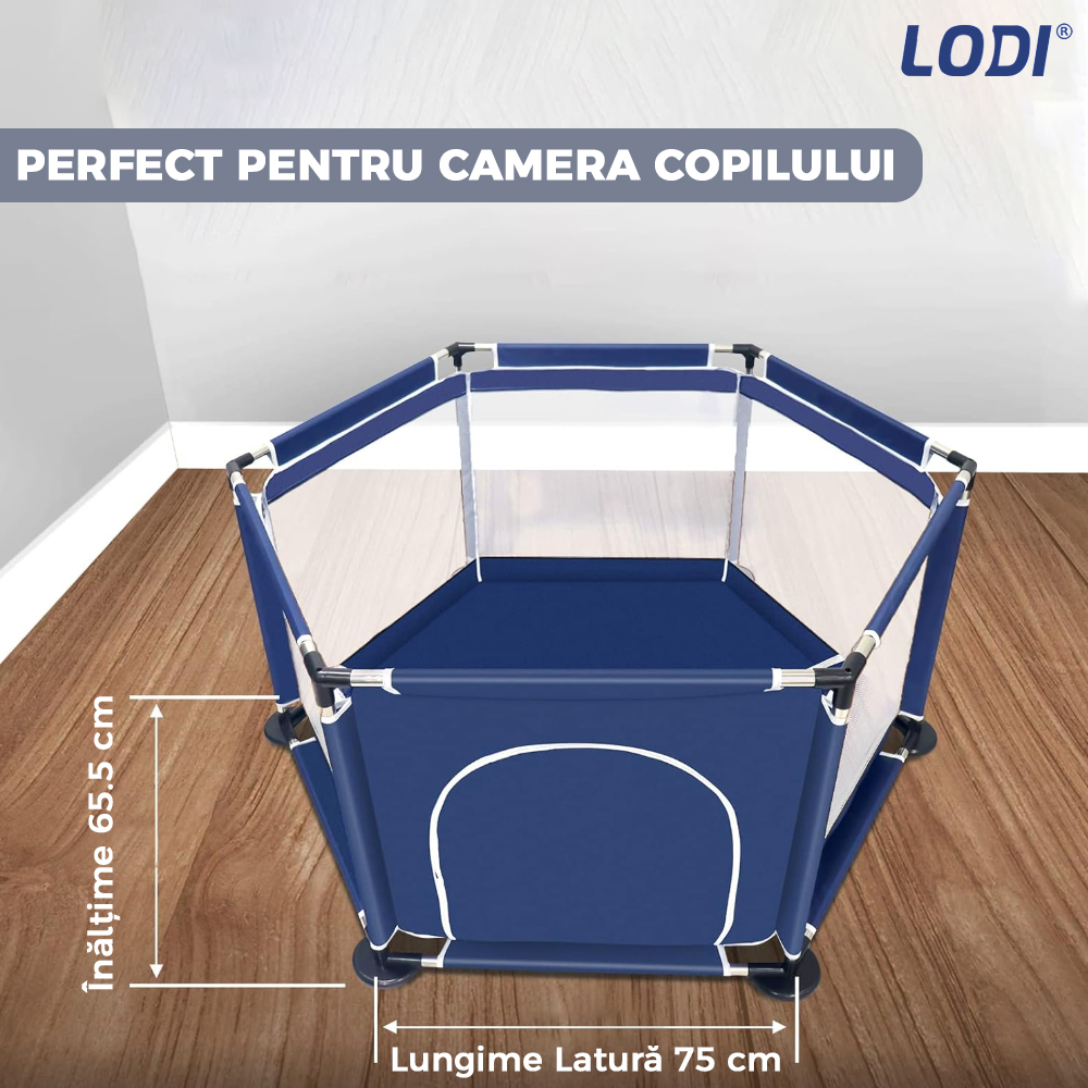 Tarc/Loc de Joaca pentru Copii Lodi296, usa cu fermoar exterior, plasa, materiale calitative, usor de montat, dimensiuni 125x110x65.5, albastru