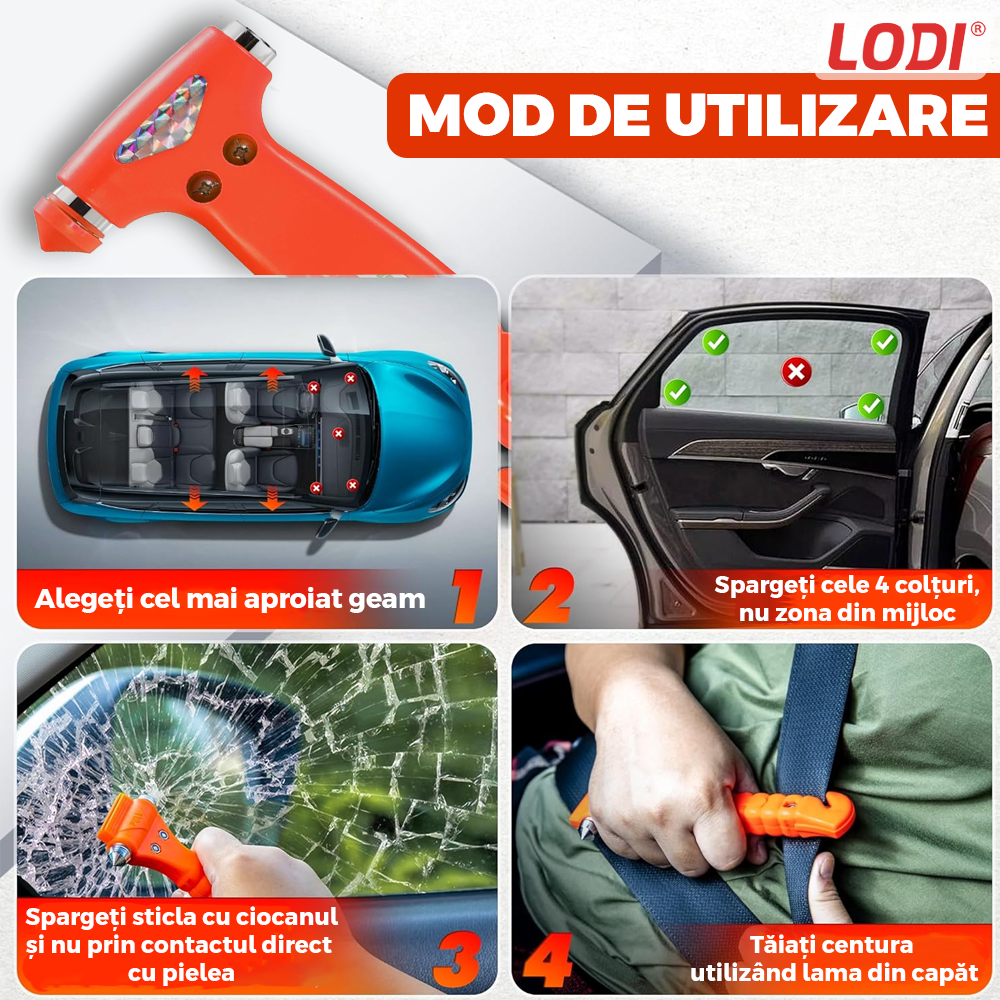 Set 2 Dispozitive de Spart Geamul Lodi1066 tip ciocan, doua capete, cutter pentru taiat centura, protectie anti-taieturi, carcasa inclusa, rosu