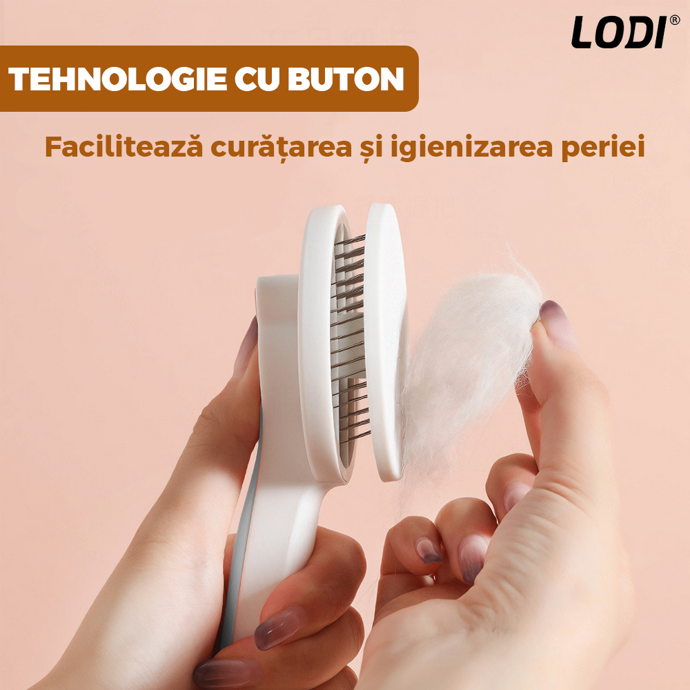 Perie pentru Curatarea si Ingrijirea Animalelor Lodi1129, buton auto-curatare, descalcire si prevenire naparlire, ingrijire si tundere blana, materiale calitative, 18.5 x 7.5 cm, alb