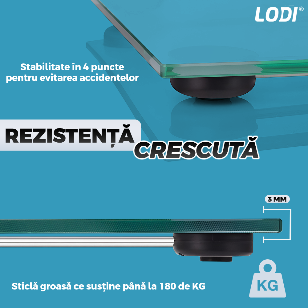 Cantar Electronic Corporal Lodi1259, patrat, afisaj digital, precizie ridicata, senzori de greutate, conversie la unitate, capacitate de 150 kg, transparent