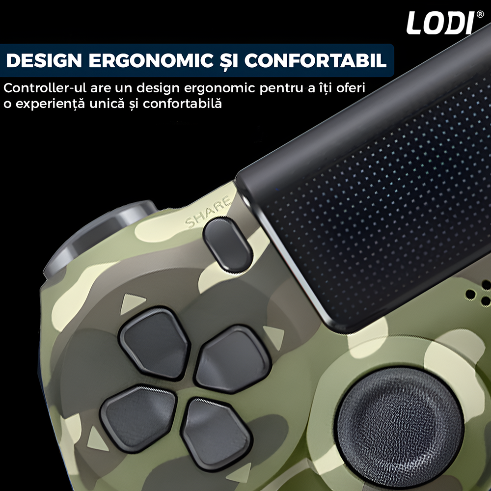 Controller Wireless DoubleShock Lodi1195, compatibil cu PS4, joystick-uri analog, vibratie dubla, baterie performanta, cammouflage