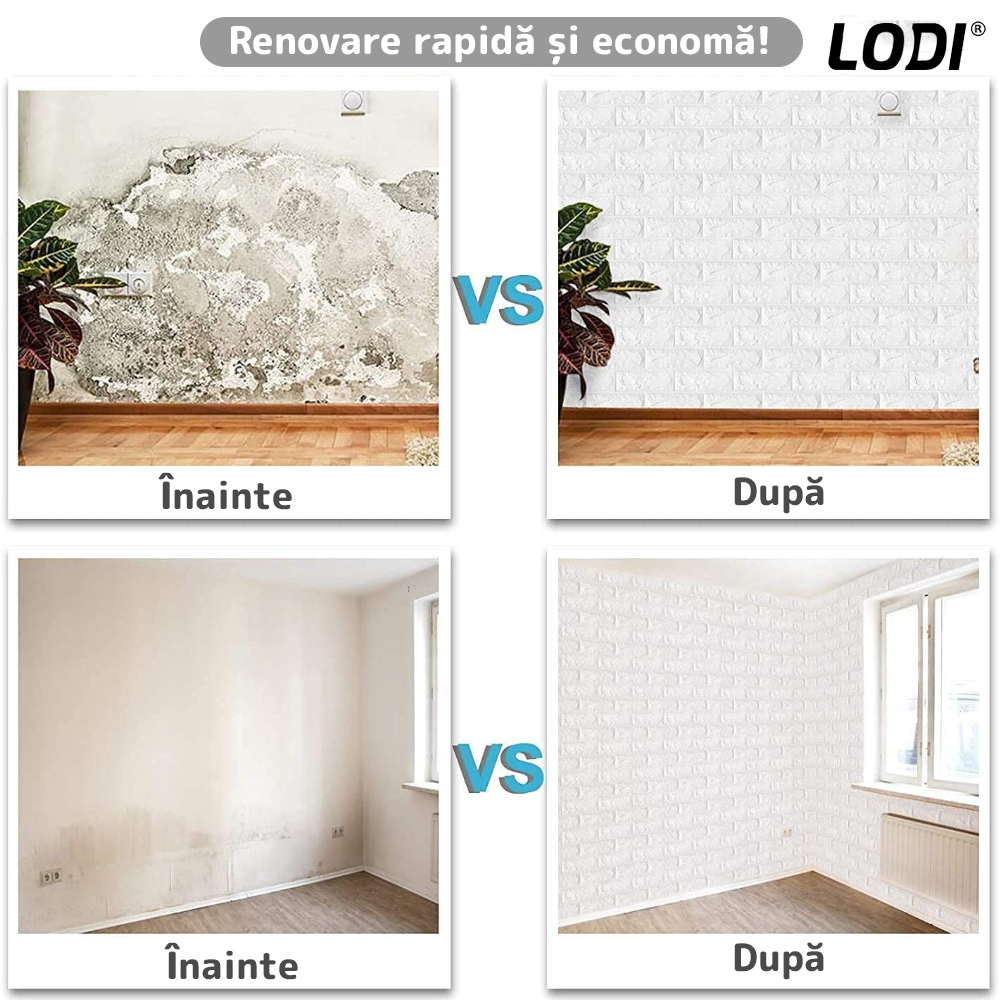 Set Tapet Caramida 3D Lodi51, suprafata acoperire 5.3 mp, autoadeziv, waterproof, usor de montat, design modern, 70x77 cm, alb