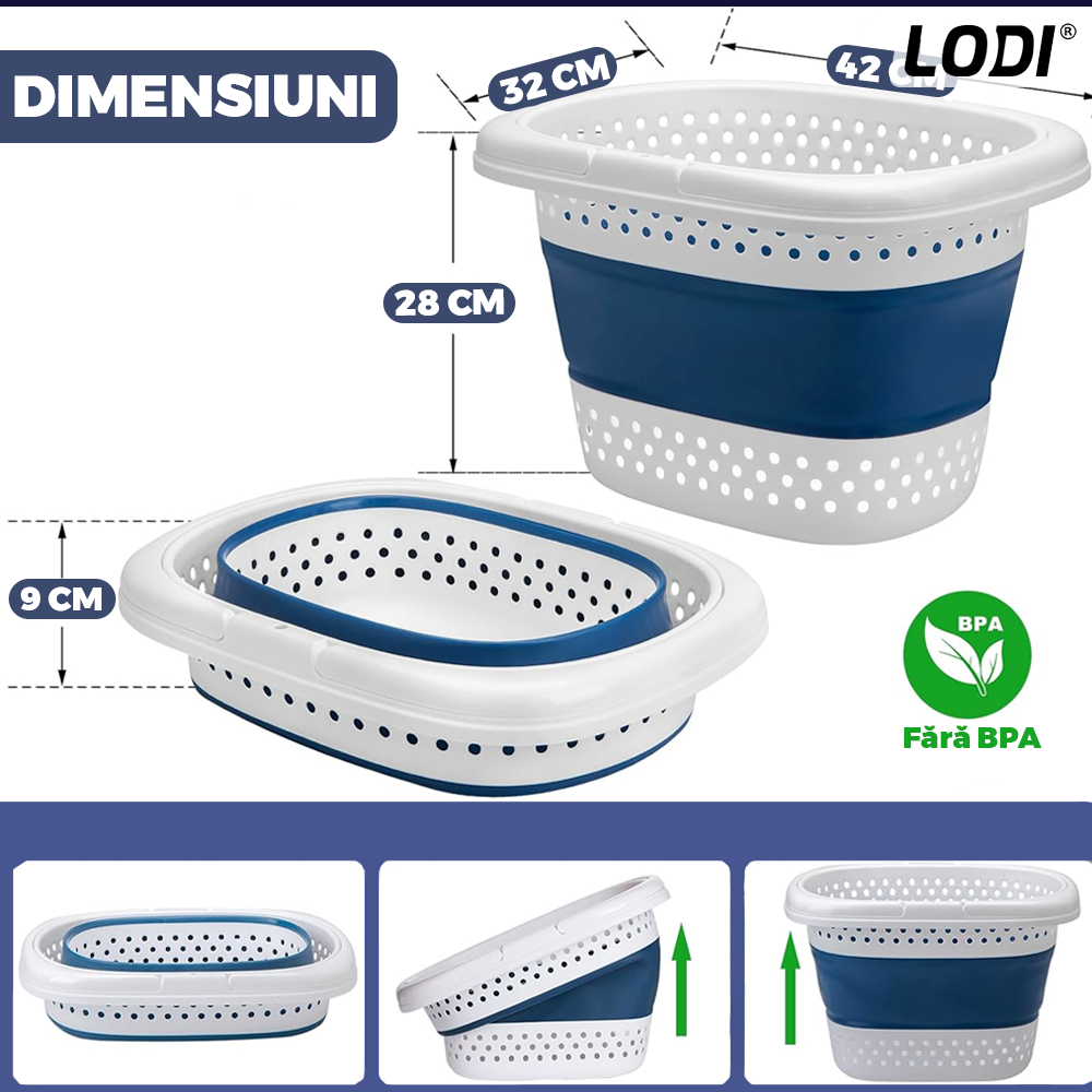 Cos de Rufe Pliabil Mic cu Manere Lodi942, organizare si depozitare, multifunctional, compact, 30 litri, 42 x 32 x 28 cm, albastru