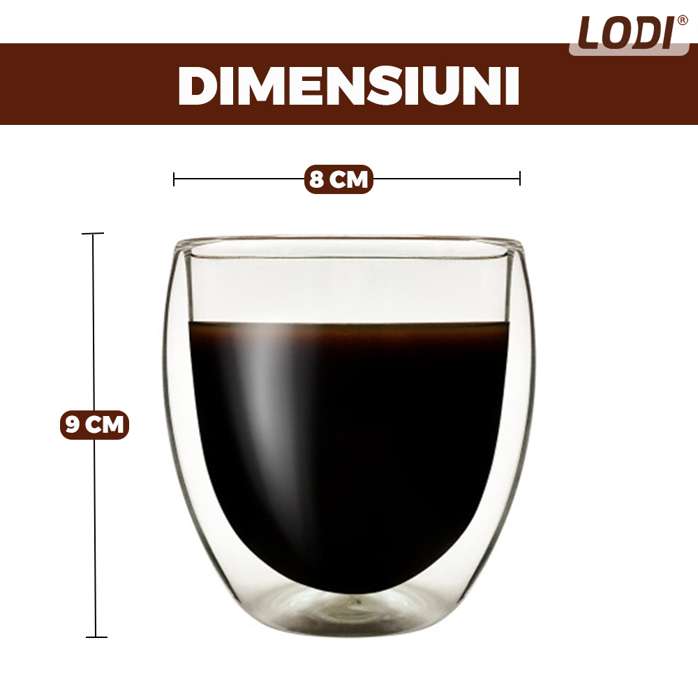 Set 6 Pahare din Sticla cu Perete Dublu Lodi1000, termorezistente, design modern, capacitate 250 ml, 9 x 8 cm