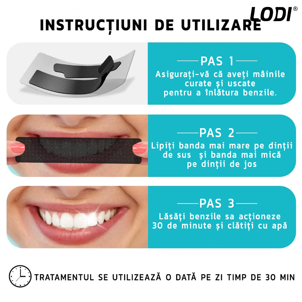 Set 14 Benzi pentru Albirea Dintilor Lodi471, IVISMILE, Carbune Activ si PAP, 7 Plicuri
