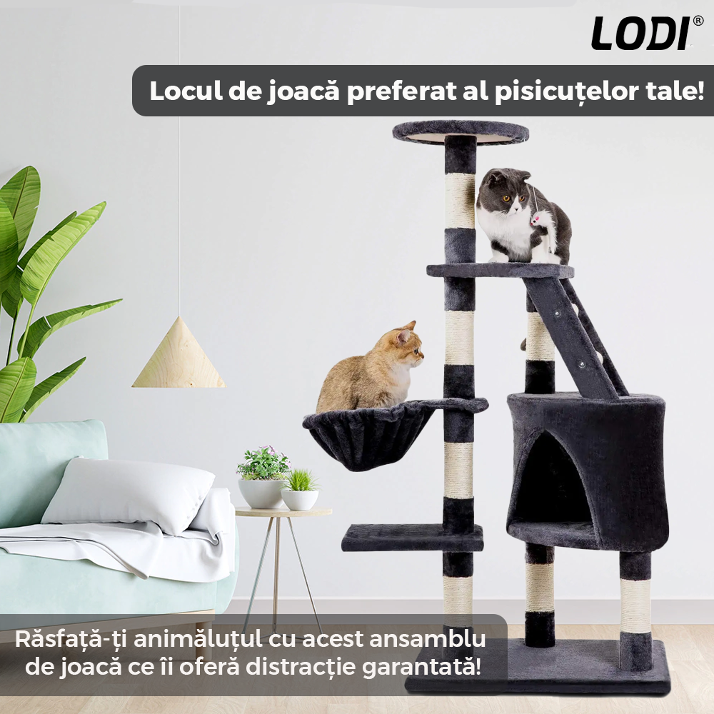 Ansamblu de Joaca pentru Pisici Lodi631, tip turn, 1 platforma de observatie, 4 niveluri, 1 casuta, scara, franghie si mingiute de joaca, stalpi pentru zgariat, captuseala extra moale, structura stabila, 118 cm, gri inchis