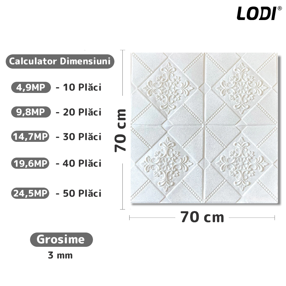 Set Tapet 3D Lodi115, suprafata acoperire 4.9 mp, autoadeziv, perete/tavan, model floral, waterproof, usor de montat, design modern, 70x70 cm, alb