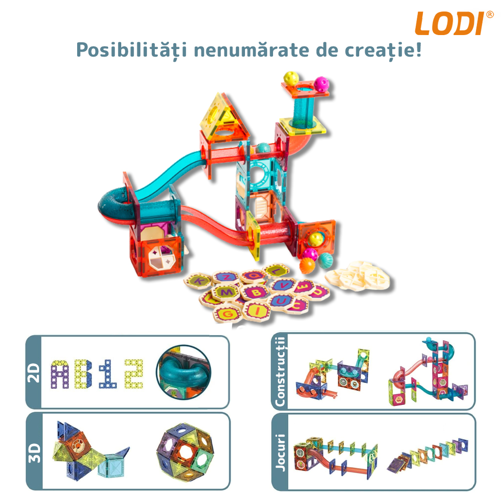 Set Inteligent si Creativ Magnetic 3D Lodi114, 78 Piese, traseu cu bile, creativ, numeroase posibilitati de construit, dezvoltarea abilitatilor motrice si a imaginatiei, multicolor