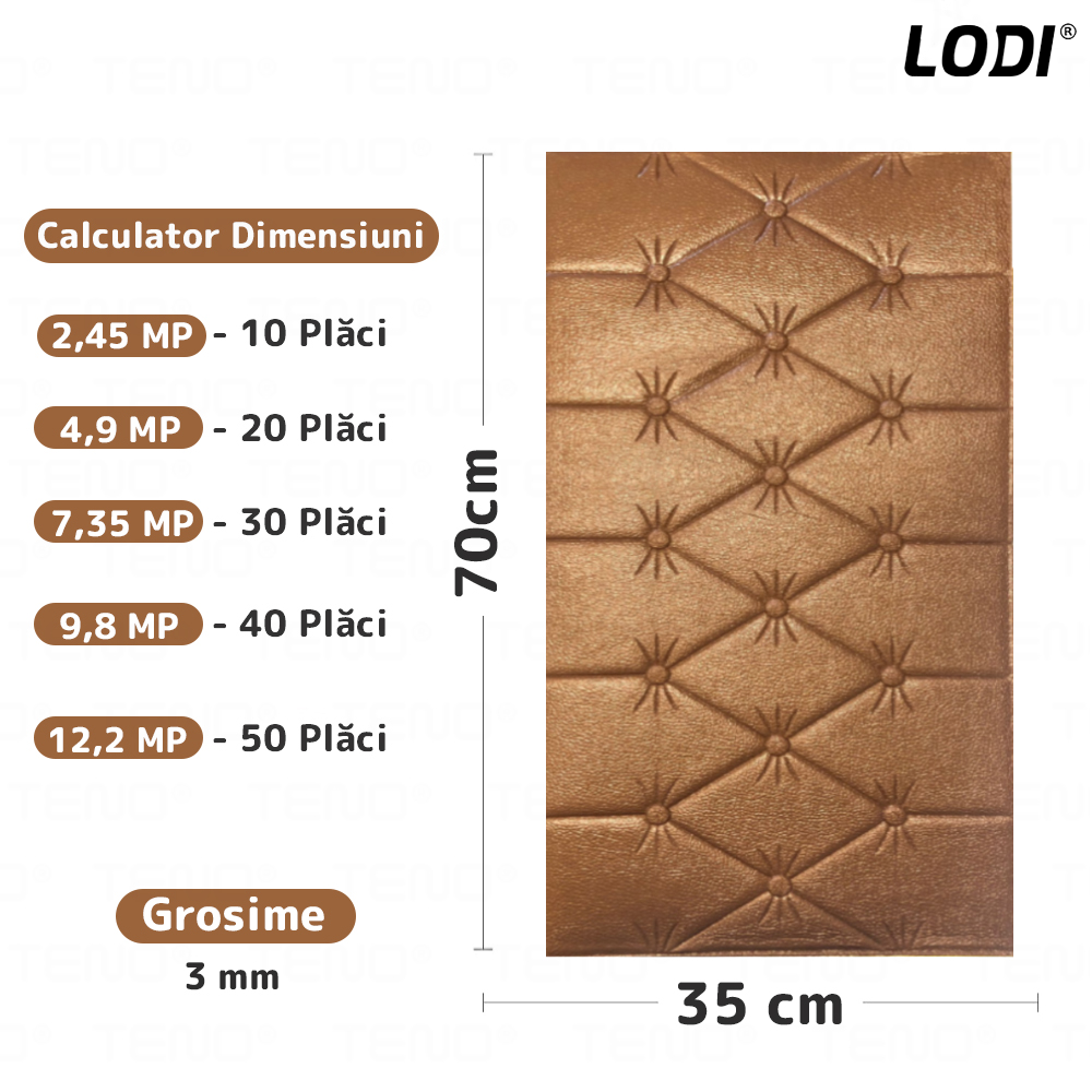 Set Tapet 3D Lodi390, suprafata acoperire 2.45 mp, autoadeziv, waterproof, design modern, usor de montat, 70x35 cm, maro