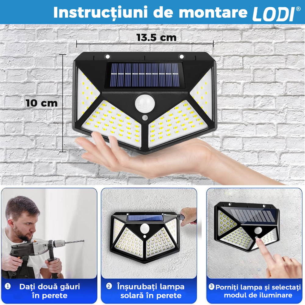 Lampa Solara 100 LED-uri Lodi63, senzor de miscare, 3 moduri de iluminare, protectie IP65, Waterproof, exterior, negru
