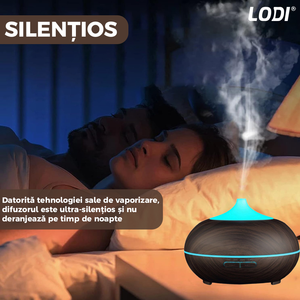 Difuzor Aromaterapie Lodi212, 7 culori LED, 2 jocuri de lumini, control prin telecomanda, capacitate 500ml, silentios, umidifica aerul, stejar inchis