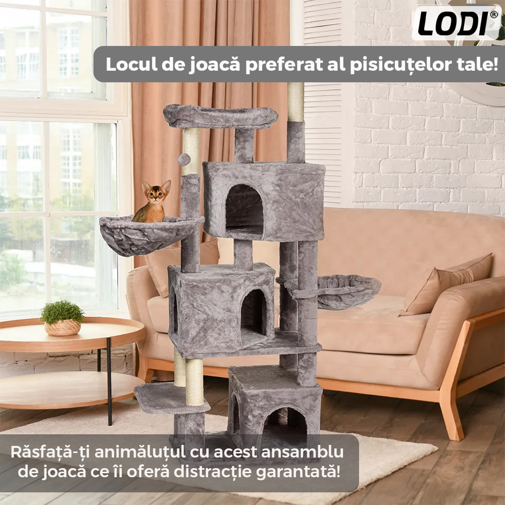 Ansamblu de Joaca pentru Pisici Lodi319, cu 3 platforme de observatie, 5 niveluri, 3 casute, franghie si minge de joaca, stalpi pentru zgariat, captuseala extra moale, structura stabila, 164 cm, gri deschis