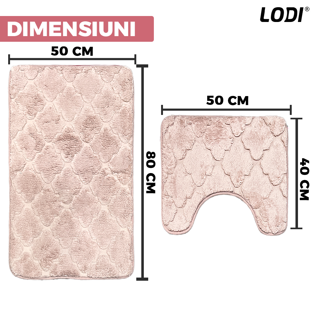 Set 2 Covorase de Baie Lodi1019, anti-derapante, material moale, design modern, model floral, 80x50 & 50x40cm, roz
