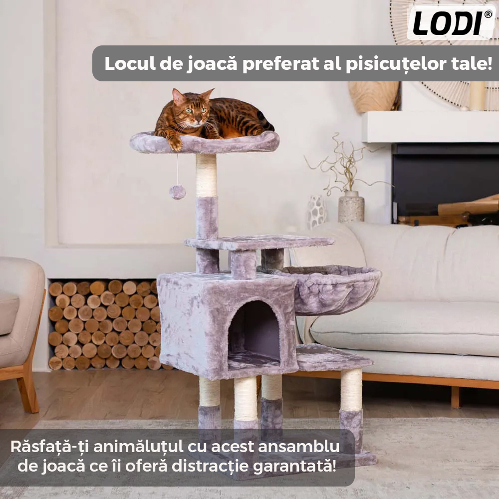 Ansamblu de Joaca pentru Pisici Lodi320, cu 3 platforme de observatie, 3 niveluri, 1 casuta, franghie si minge de joaca, stalpi pentru zgariat, captuseala extra moale, structura stabila, 110 cm, gri