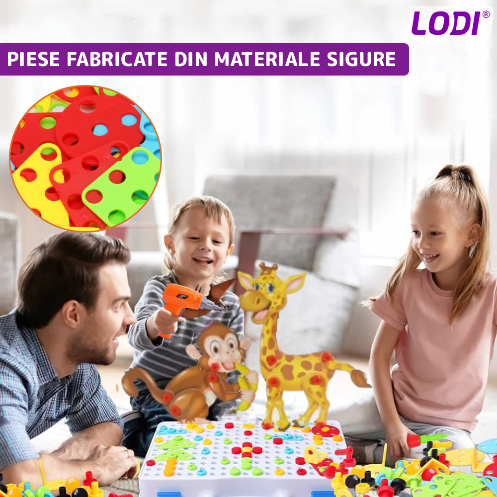 Jucarie Educativa si Interactiva 4in1 Lodi512, 198 piese, bormasina pentru inginerie, pentru fete si baieti, manual inclus, puzzle 3D/2D, dezvoltare STEM, montessori, multicolor