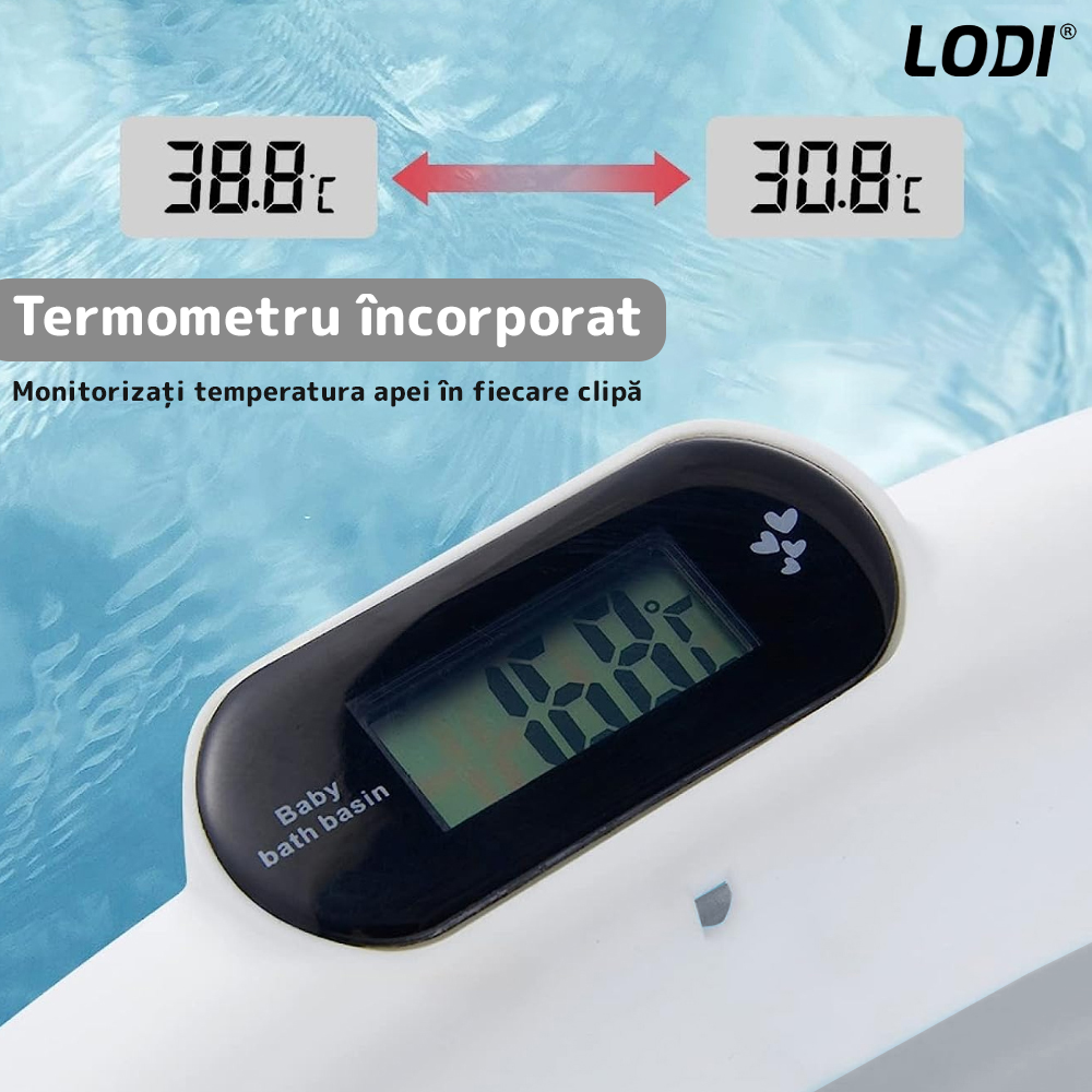 Cadita cu Pernuta pentru Bebelusi Lodi1313, casca de protectie inclusa, termometru digital incorporat, pliabila, dop de scurgere, picioare anti-alunecare, design ergonomic, 75 x 45 x 22 cm, gri cu stelute