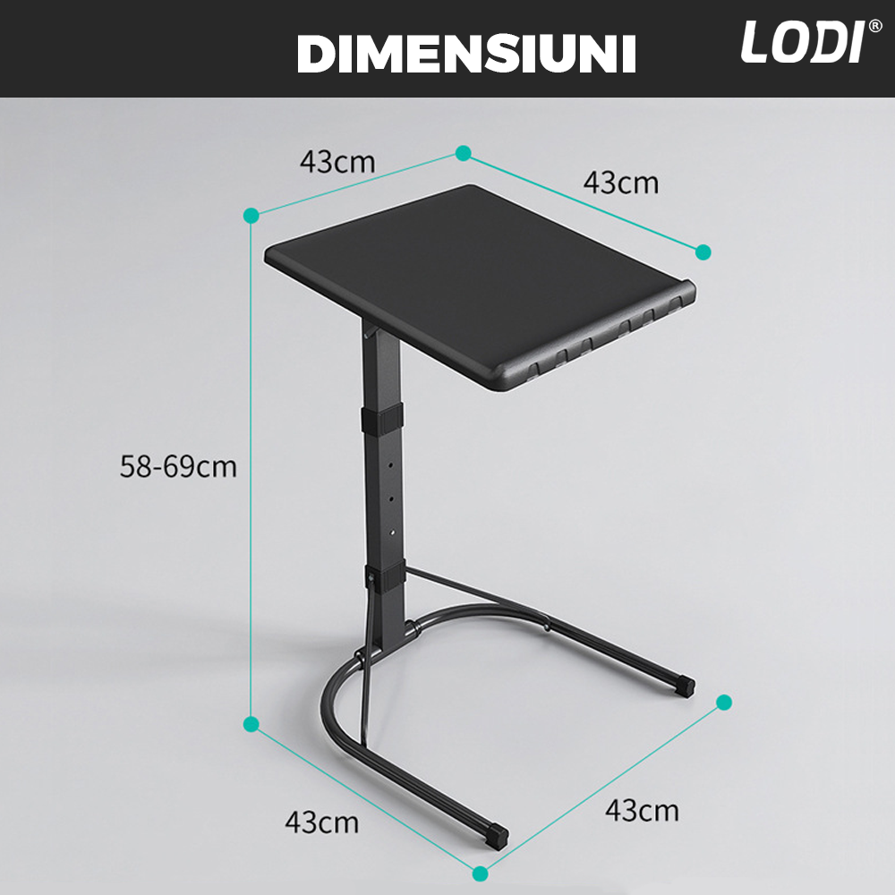 Masa Laptop Multifunctionala Lodi626, patrata, 3 trepte de inaltime, unghi ajustabil, cadru metalic, rezistenta, negru, 43 x 43 cm