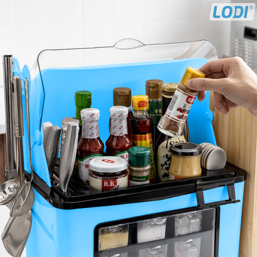 Organizator Multifunctional pentru Bucatarie Lodi485, suport sticle, rafturi pentru condimente, cuier pentru ustensile, suport cutite, 46 x 26 x 43 cm, albastru
