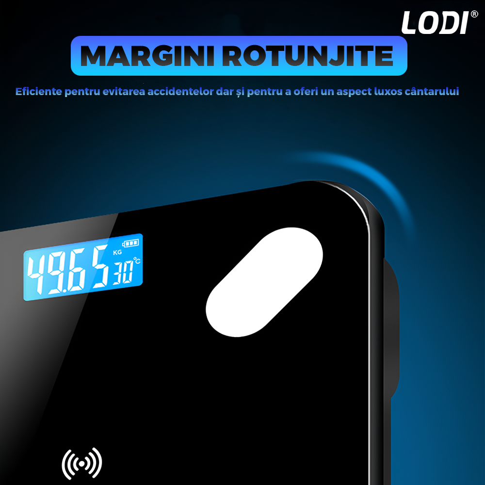 Cantar Electronic Inteligent Lodi1258, pentru baie, corporal, aplicatie smart, indicator greutate/baterie/temperatura, conectare bluetooth, afisaj digital, greutate maxima suportata 180 kg, baterii incluse, negru