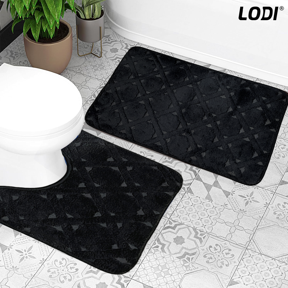 Set 2 Covorase de Baie Lodi1017, anti-derapante, material moale, design modern, model trifoi, 80x50 & 50x40cm, negru