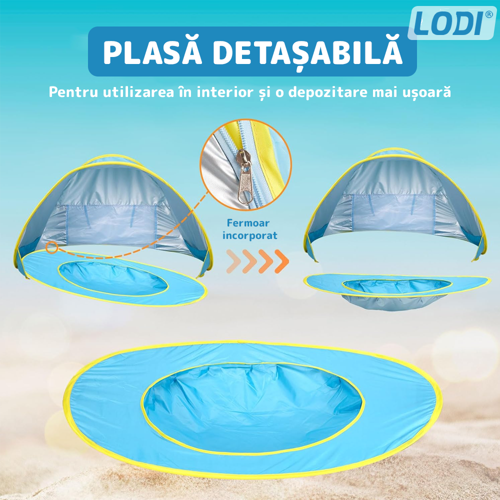 Cort Portabil de Vara pentru Bebelusi Lodi1097, adapost impermeabil pentru plaja, cu piscina, protectie UV si UPF 50+, multifunctional, 117x79x70 cm, albastru deschis