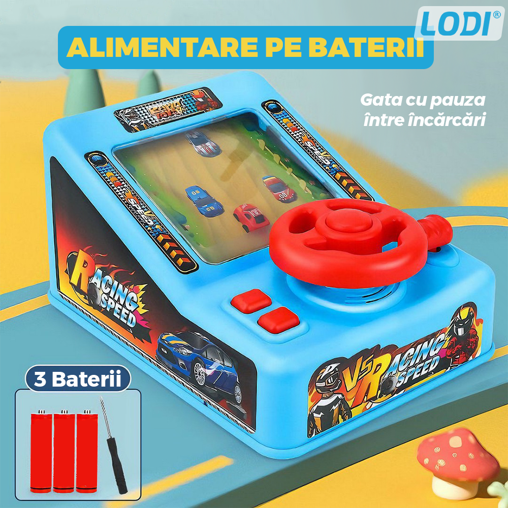 Simulator Auto Curse de Masini Lodi1065, joc interactiv de condus, functii diverse, buton de muzica, sirena, claxon, acceleratie, albastru