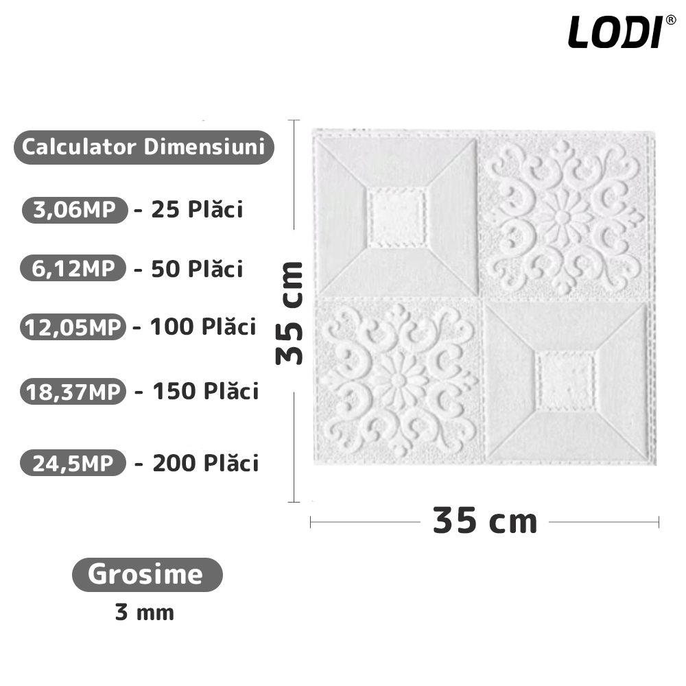 Set Tapet Mic 3D Lodi108, suprafata acoperire 3.06 mp, autoadeziv, perete/tavan, waterproof, usor de montat, design modern, 35x35 cm, alb