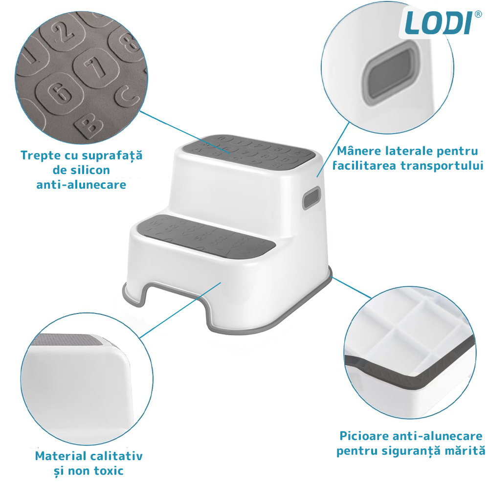 Scaunel Inaltator pentru Copii Lodi33, multifunctional, doua trepte, suprafata anti-alunecare, pentru bucatarie/baie, tip scara, confortabil, sigur, alb